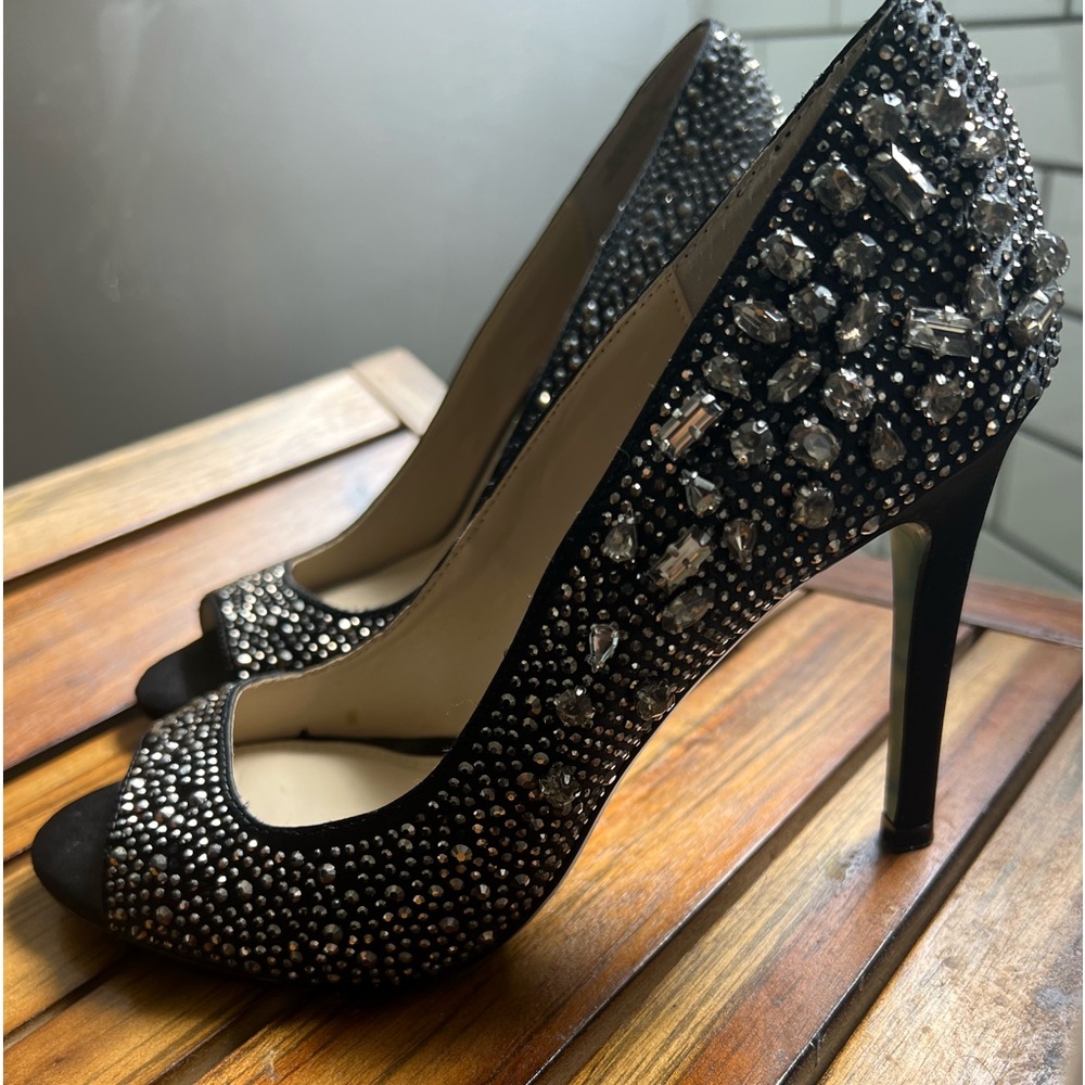 Blue Betsey Johnson Rhinestone High Heels, Size 6, black w/ gorgeous rhinestones